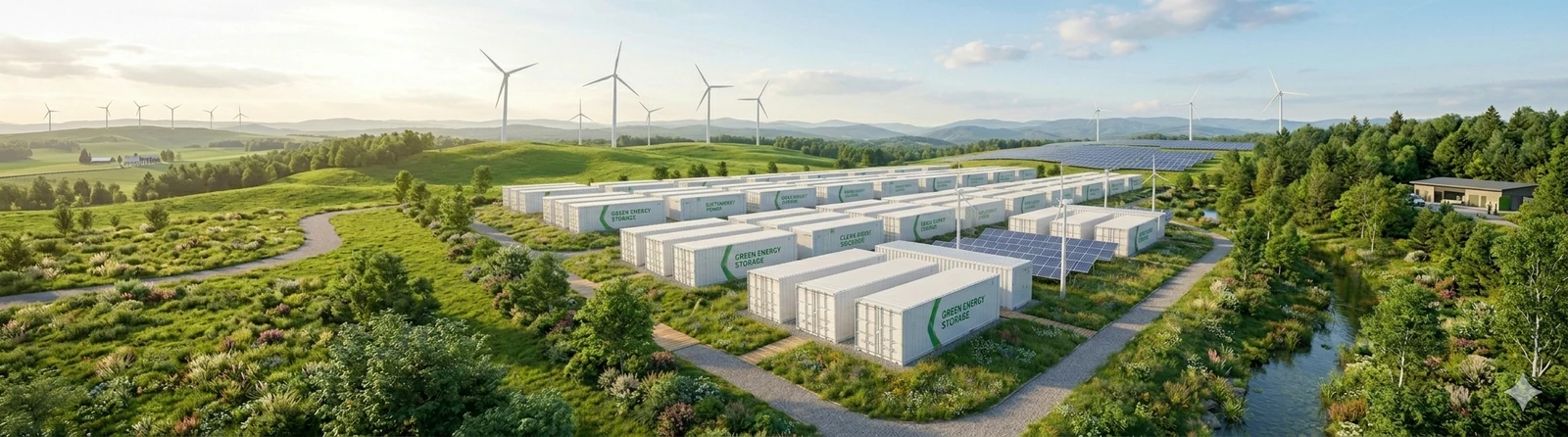 Energy storage landscape with battery containers, solar panels, and wind turbines